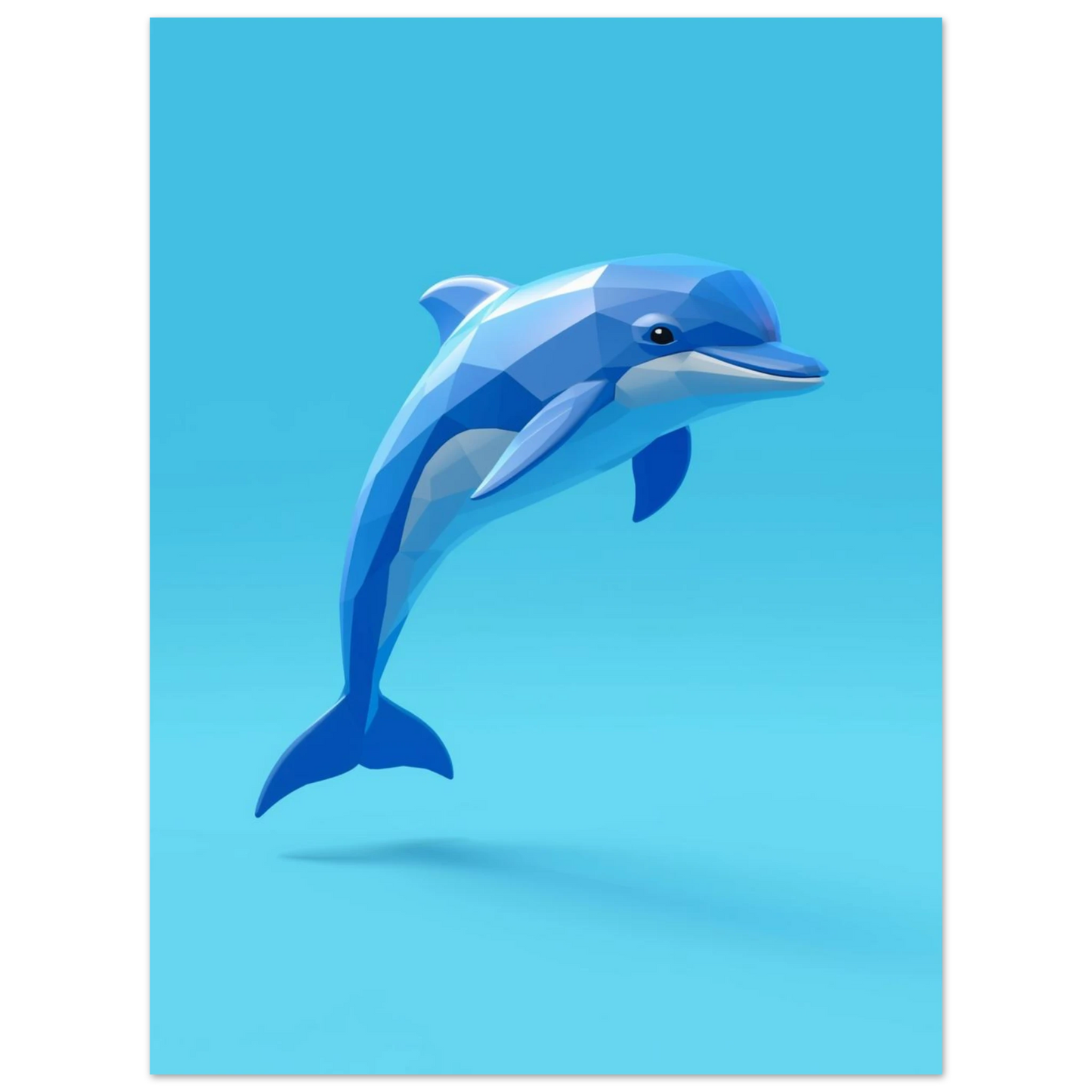 Modern väggkonst föreställande en geometrisk delfin i ett blått färgtema
