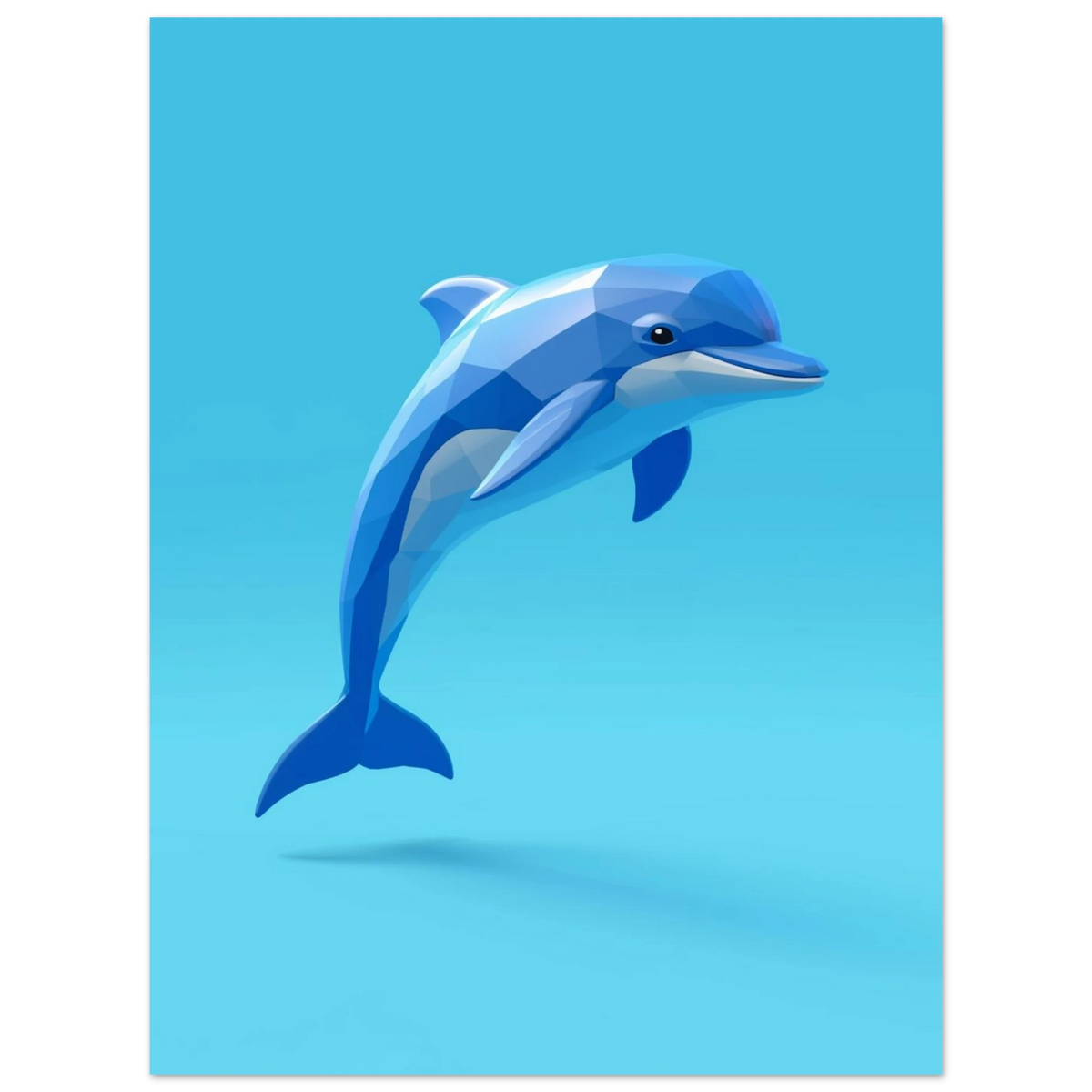 Modern väggkonst föreställande en geometrisk delfin i ett blått färgtema