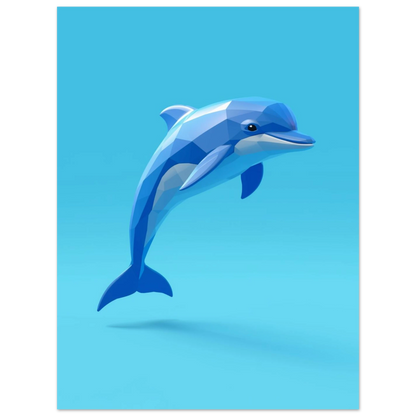 Modern väggkonst föreställande en geometrisk delfin i ett blått färgtema