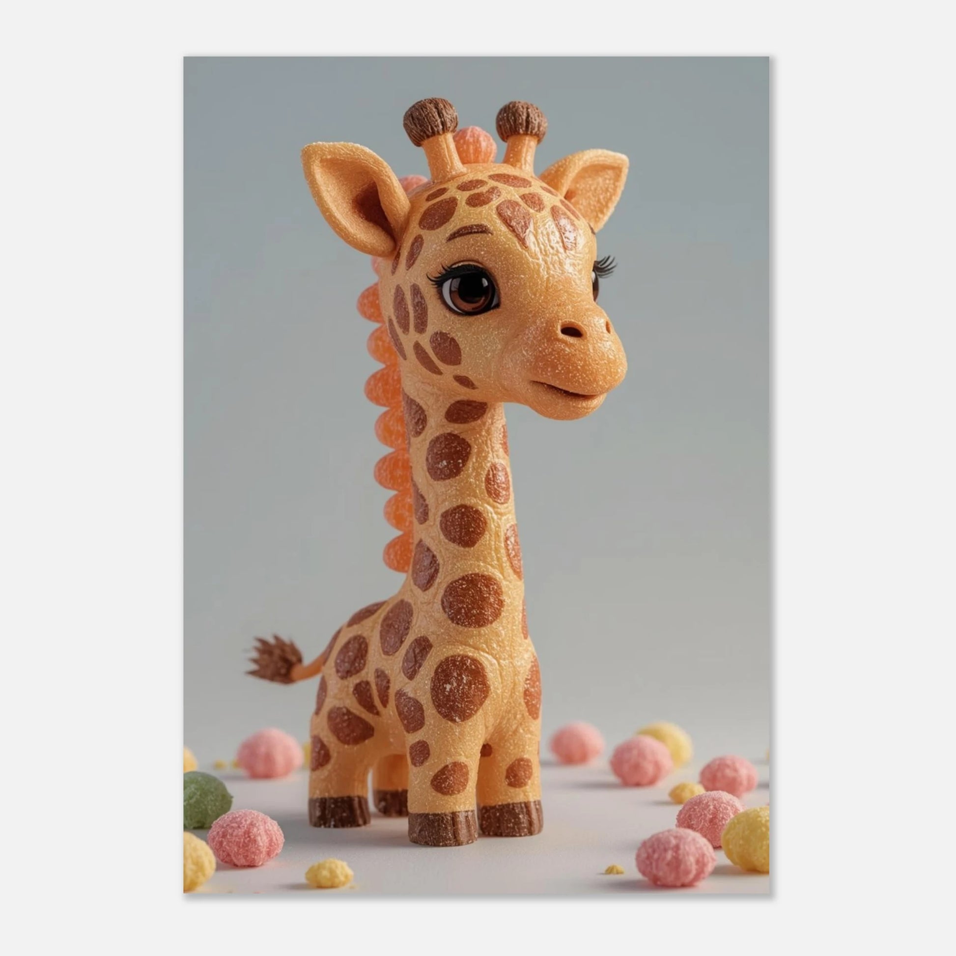 Vänlig giraffkaraktär med karamellstruktur på ljus bakgrund för barnrummet