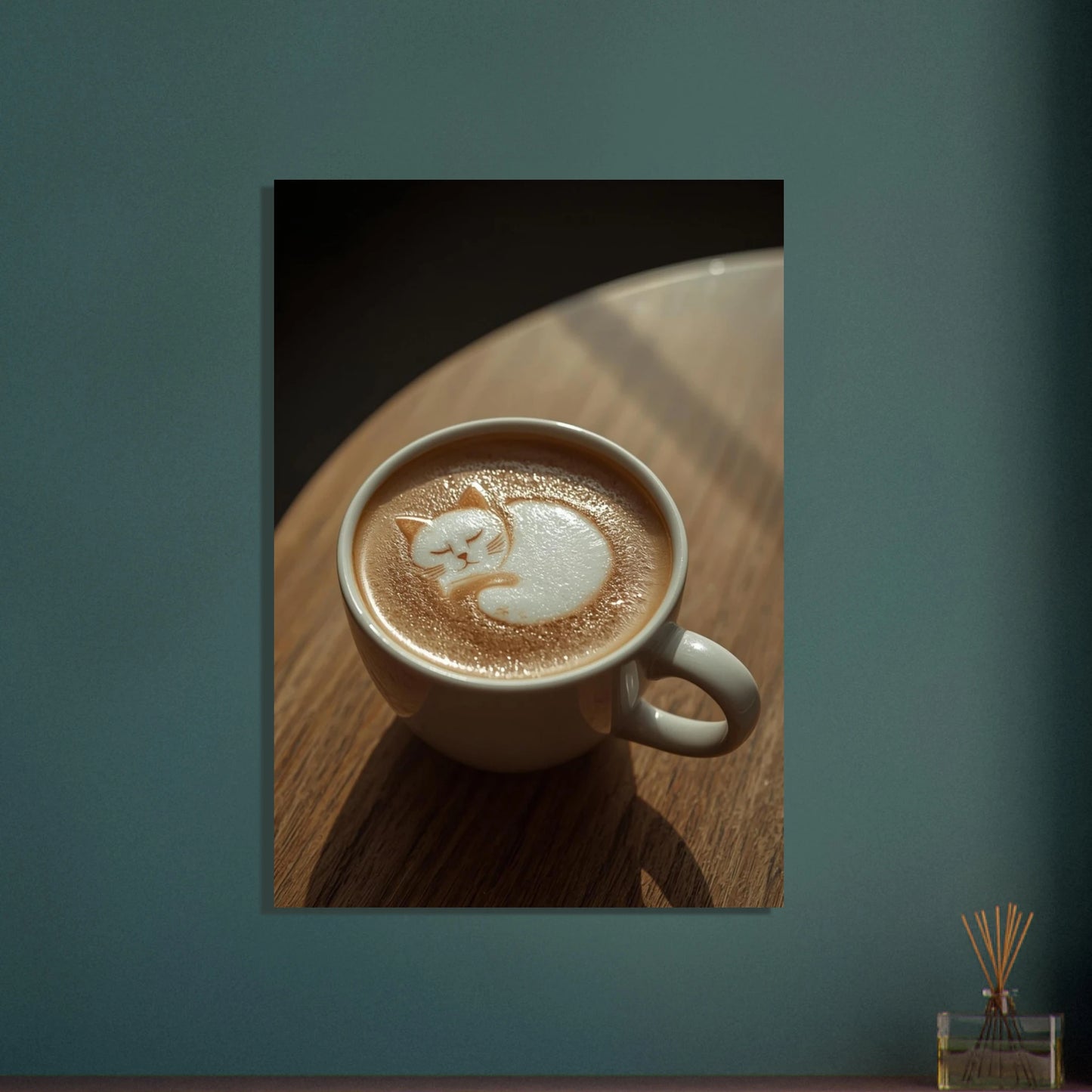 Sovande katt i latte art, mysig och fridfull kaffekonst.