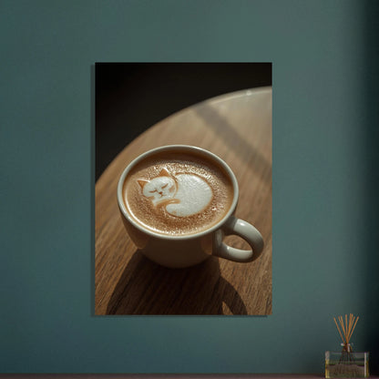 Sovande katt i latte art, mysig och fridfull kaffekonst.