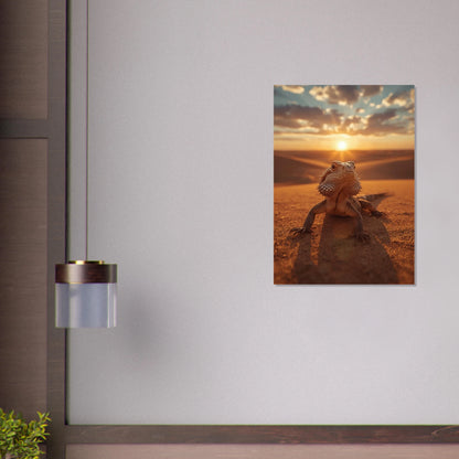 Stämningsfull naturposter med en ödla i fokus framför en sjunkande sol – fotorealistisk poster
