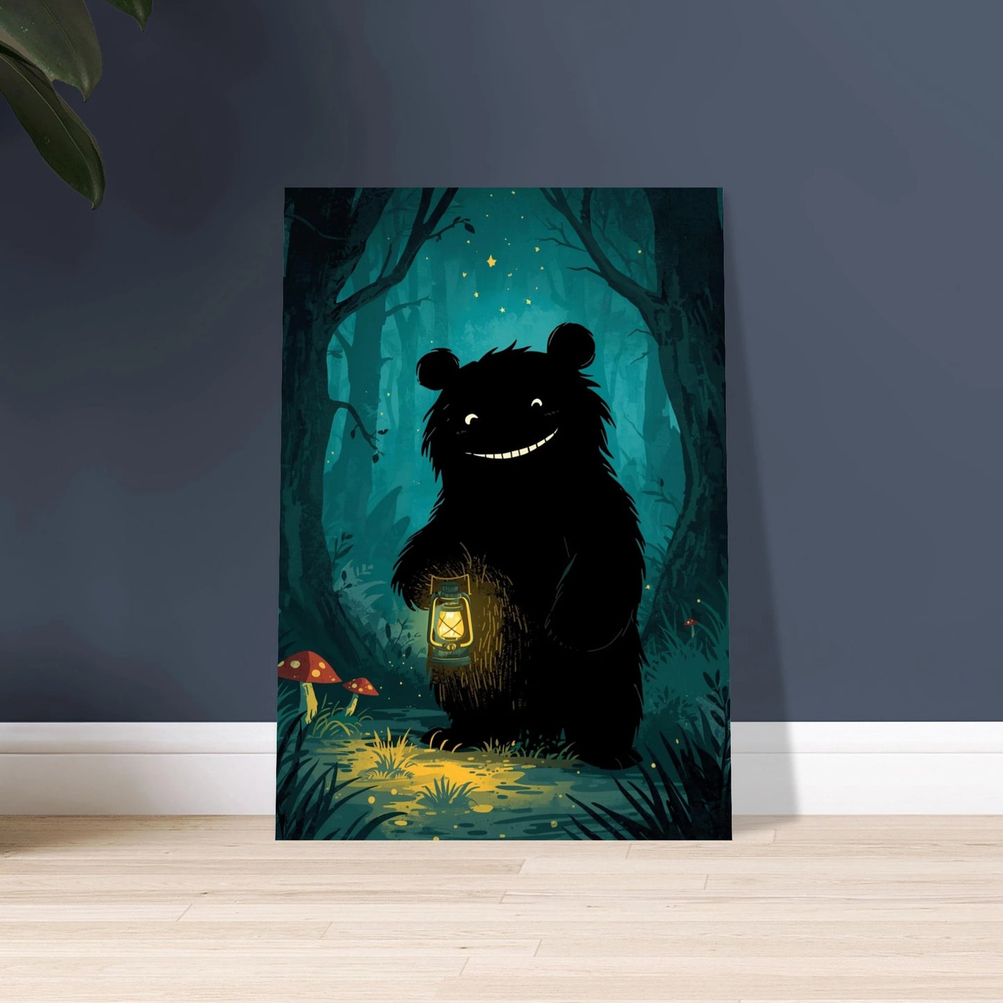 Björn med lykta i mörk skog, fantasifull illustration