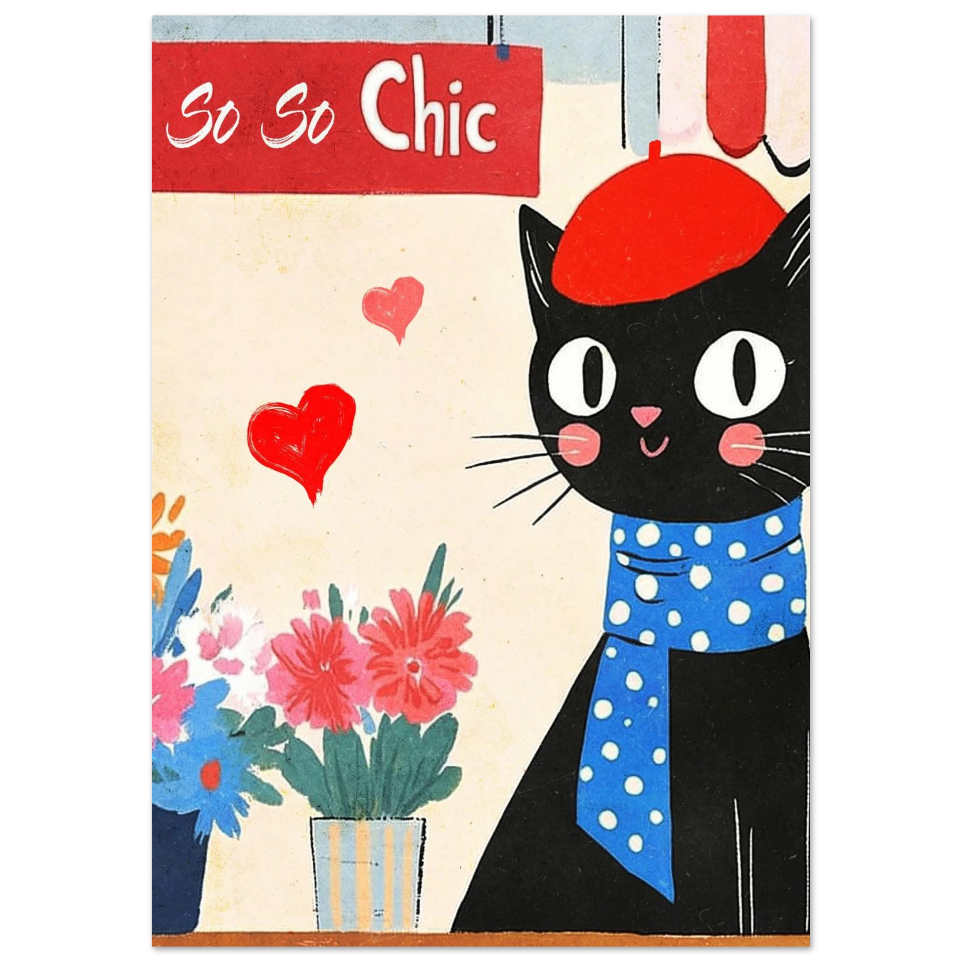 Illustration av svart katt med prickig scarf och röd basker