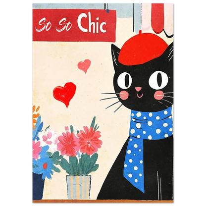 Illustration av svart katt med prickig scarf och röd basker