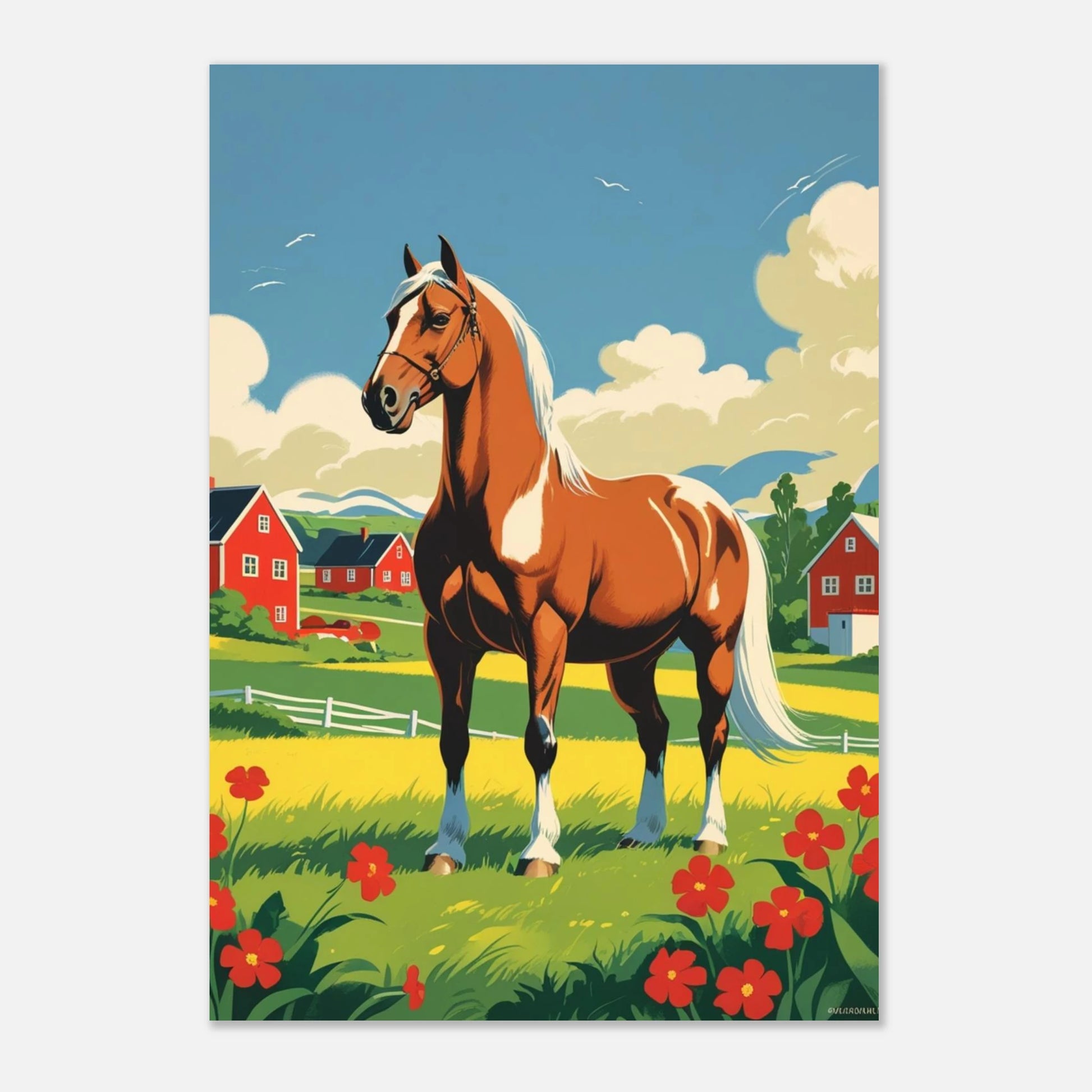 Nostalgiskt konsttryck av en brun häst vid en svensk bondgård