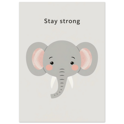 Minimalistisk elefantposter för barnrum med peppande citat i mjuk grå ton