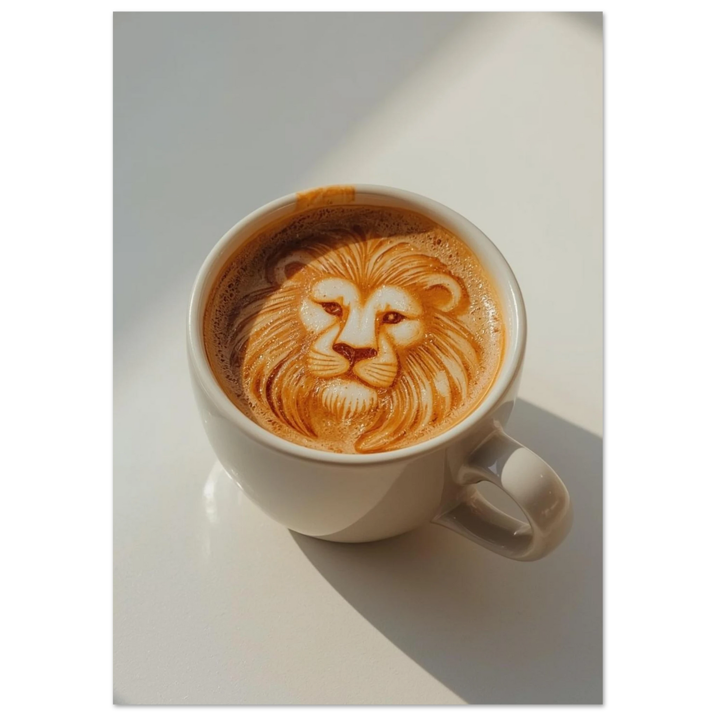 Konstnärligt lejonmotiv format av mjölkskum i en vit kaffekopp