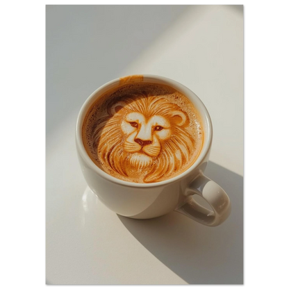 Konstnärligt lejonmotiv format av mjölkskum i en vit kaffekopp