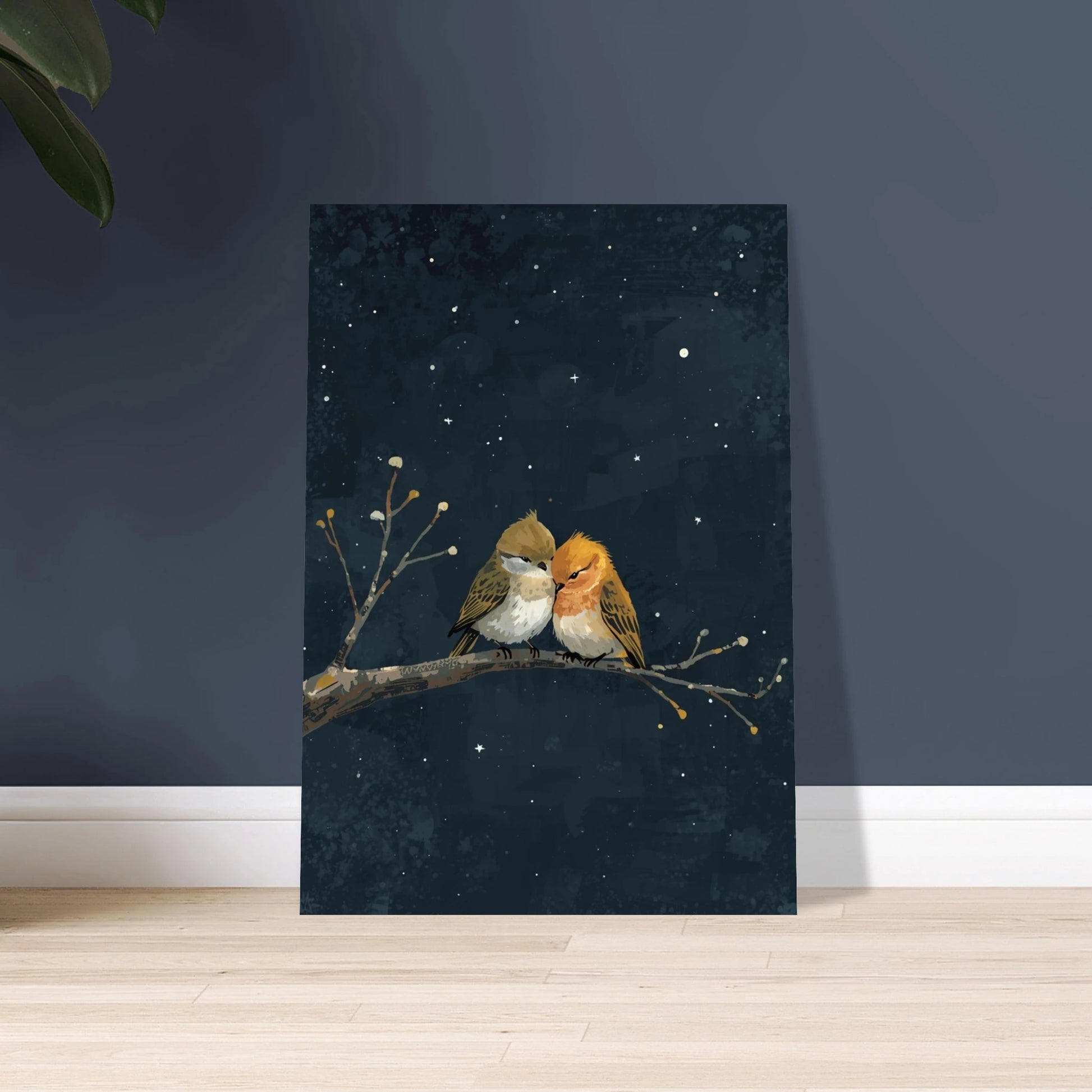 Två småfåglar på gren under stjärnklar natt, sagolik illustration