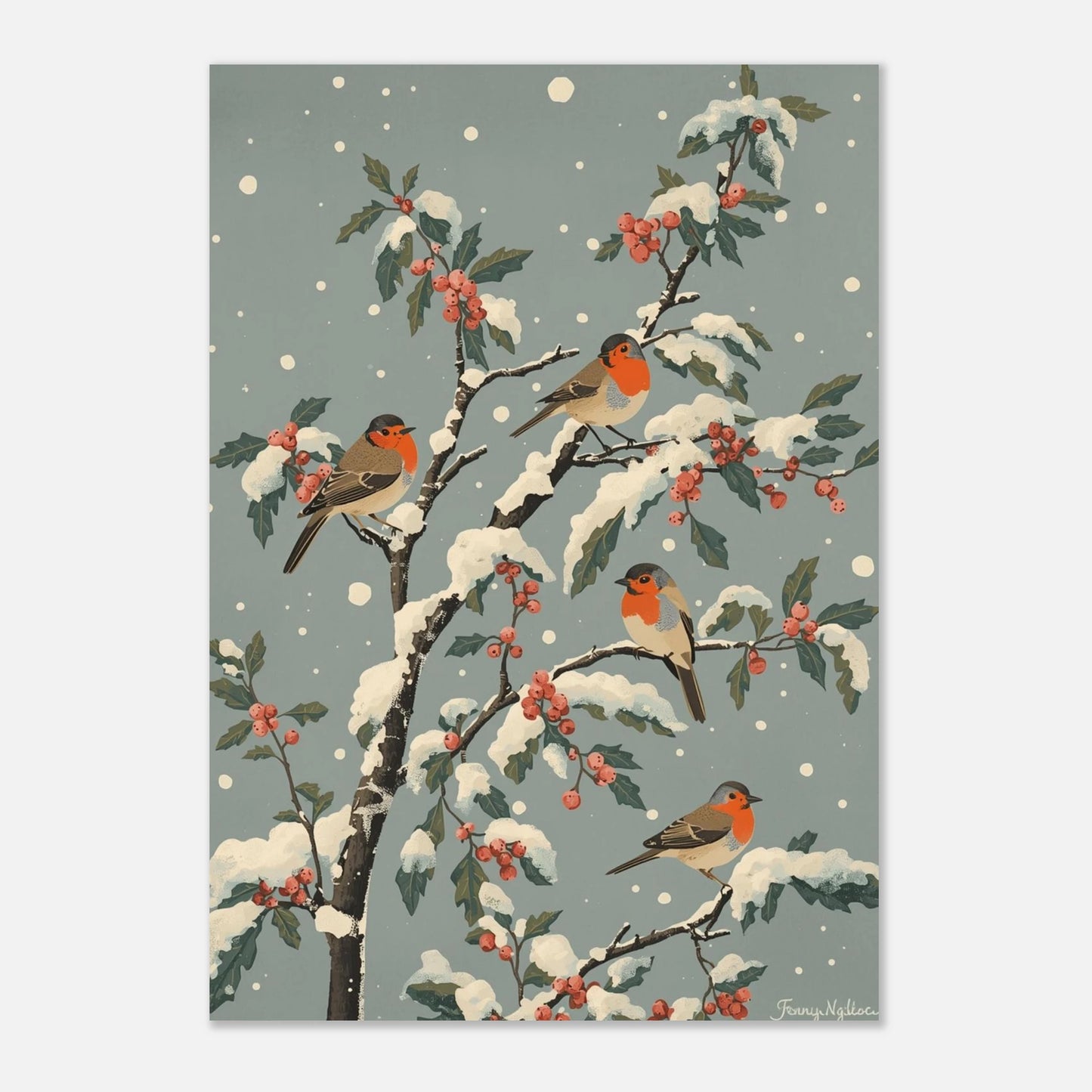 Detaljrik illustration av rödhakar i vinterskrud, naturmotiv med julkänsla