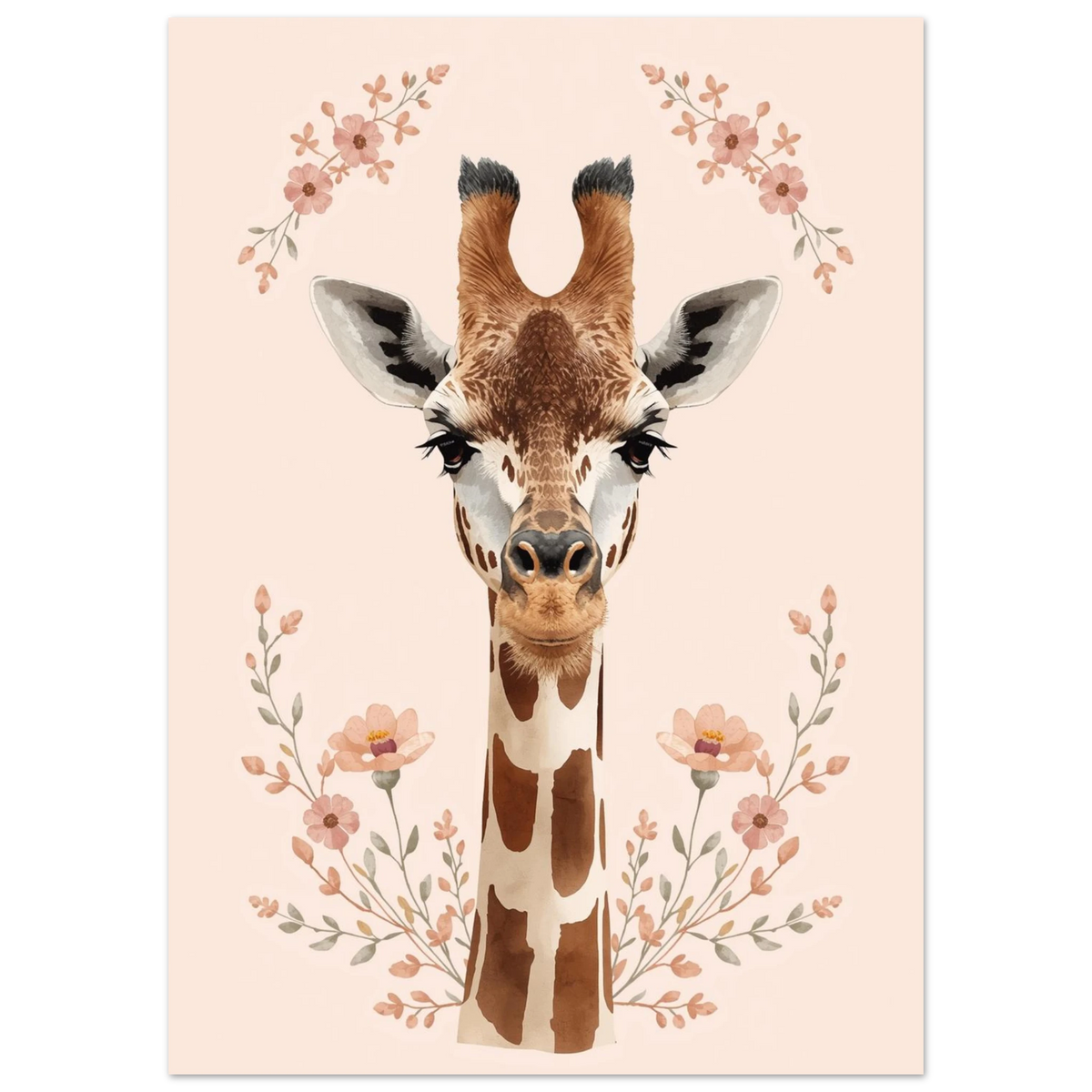 Närbild på giraffansikte omgivet av blommande kvistar – konstnärlig djurposter