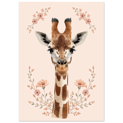 Närbild på giraffansikte omgivet av blommande kvistar – konstnärlig djurposter