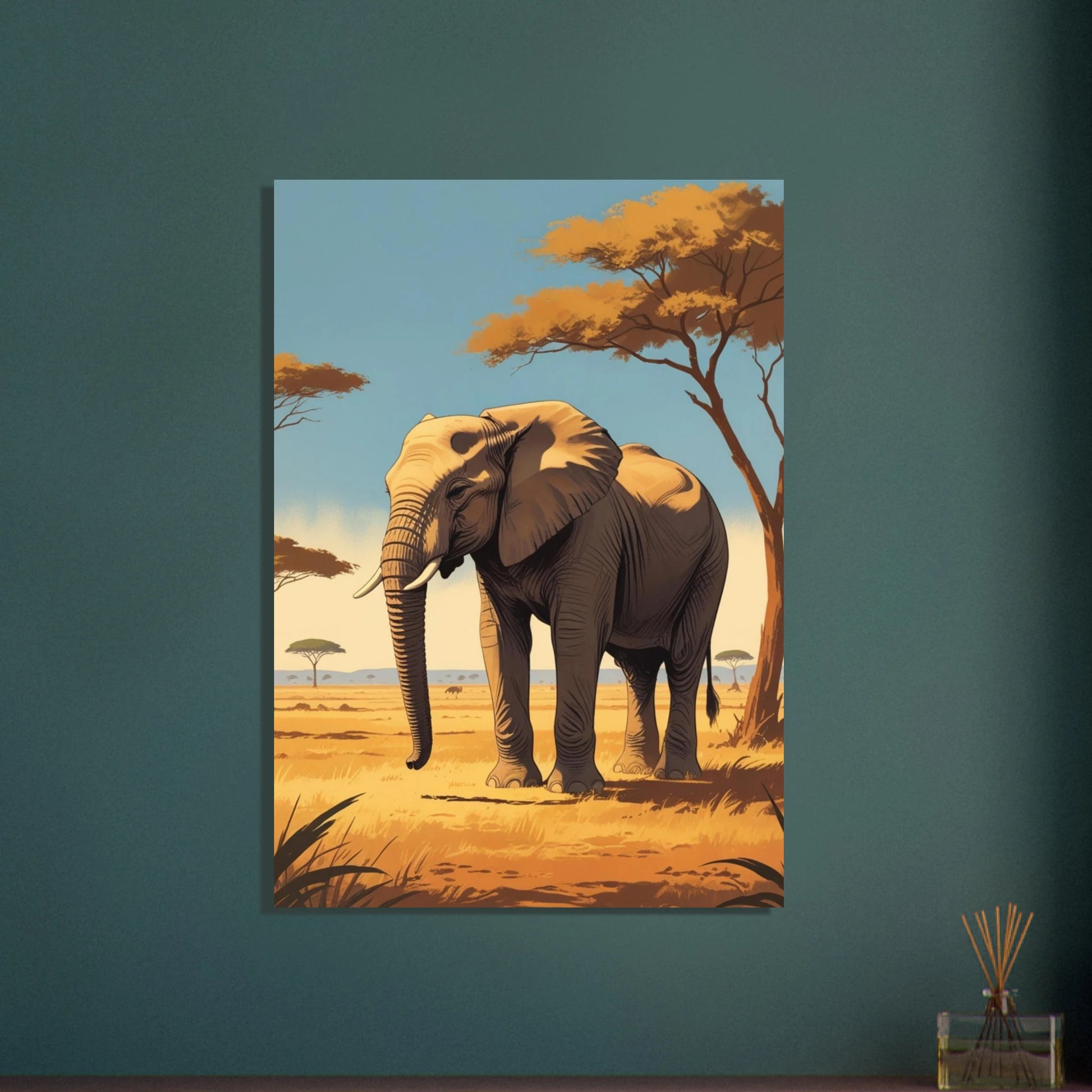Majestätisk elefant på savannen i vintage reseposterstil