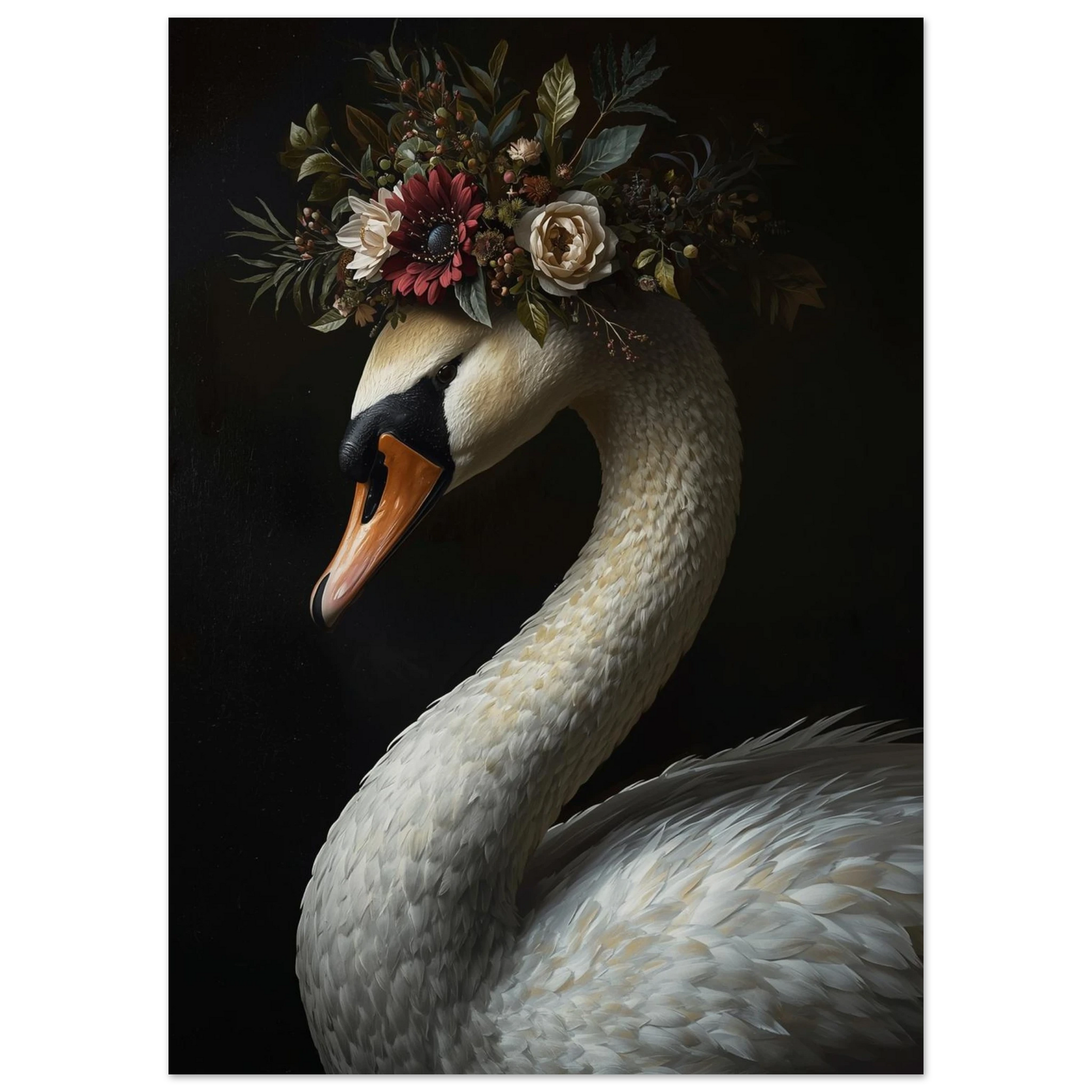Närbild på en stolt svan krönt med blommor – Målad poster