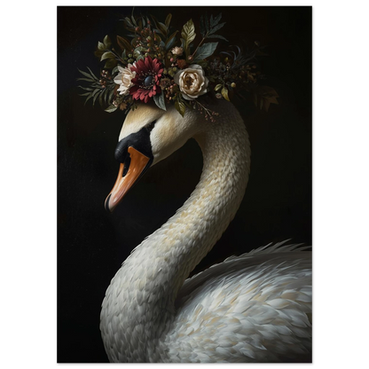Närbild på en stolt svan krönt med blommor – Målad poster