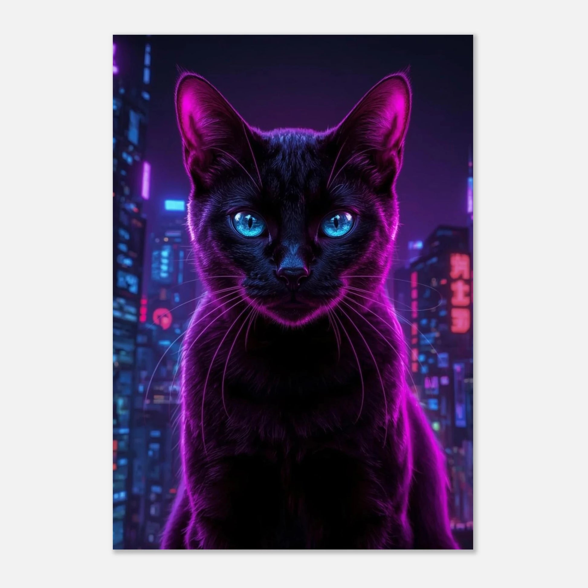 Mystisk kattposter med neonljus och futuristisk stadssilhuett i bakgrunden