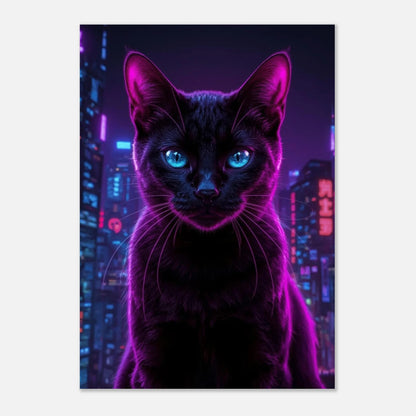 Mystisk kattposter med neonljus och futuristisk stadssilhuett i bakgrunden