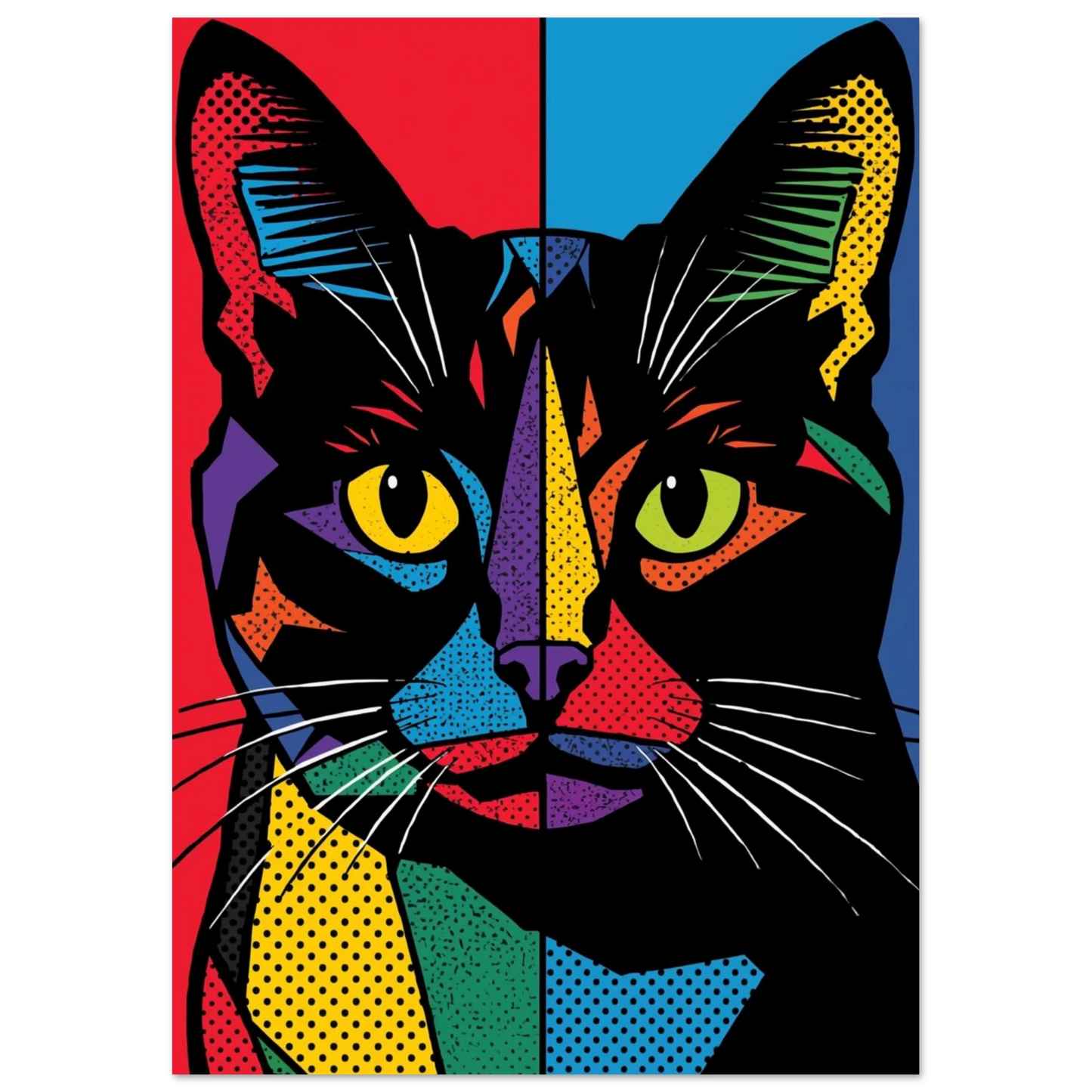 Grafiskt kattmotiv med prickmönster och livfulla kontrasterande färger