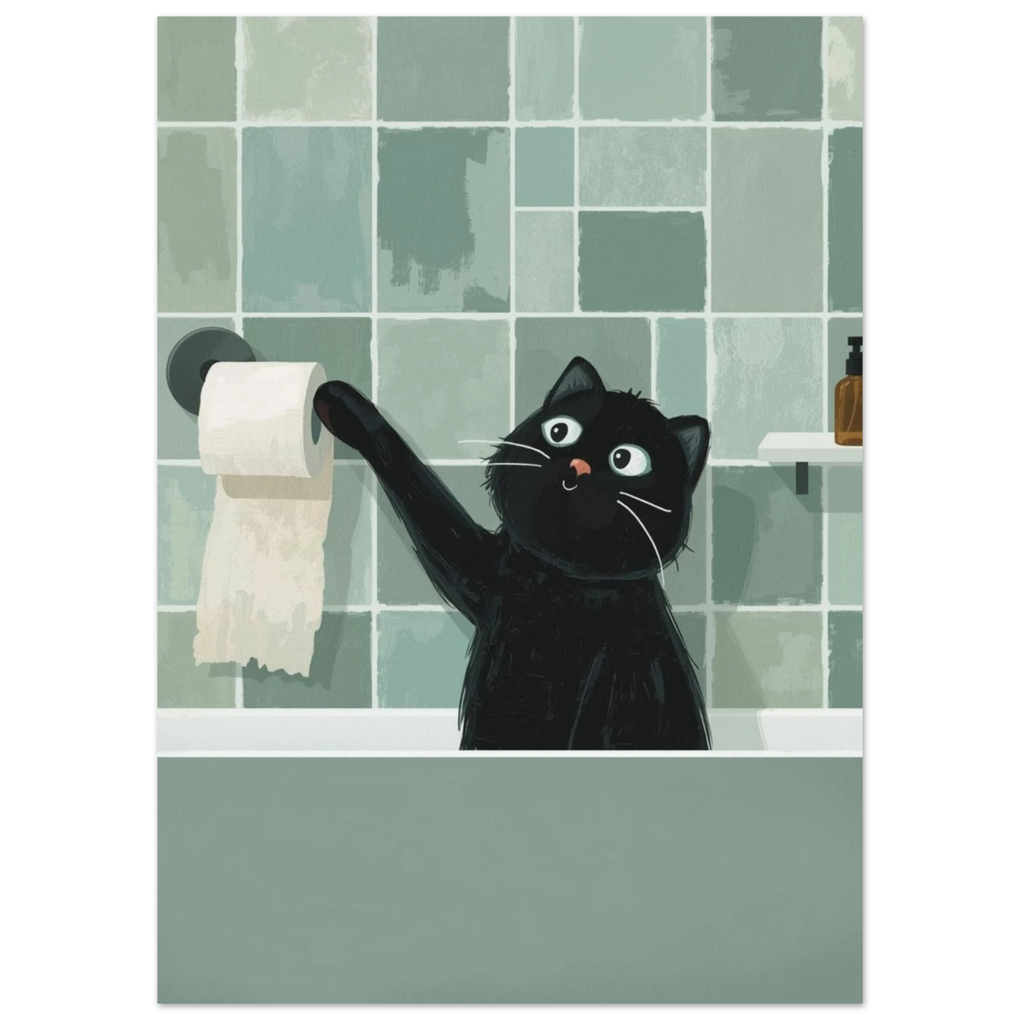 Nyfiken svart katt i badrum med olivgröna väggar – lekfull illustration