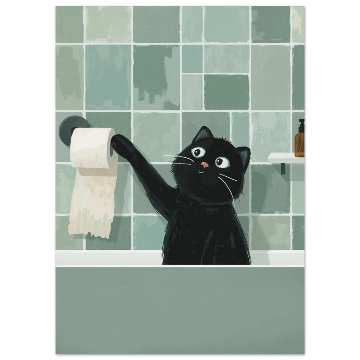 Nyfiken svart katt i badrum med olivgröna väggar – lekfull illustration