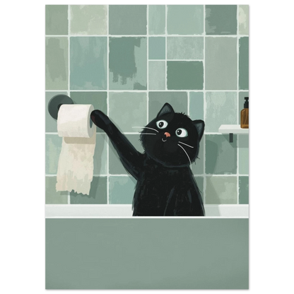 Nyfiken svart katt i badrum med olivgröna väggar – lekfull illustration