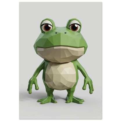 Lekfull grodposter med retro 3D-grafik och mjuka gröna färgtoner