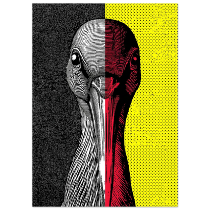 Närbild på en träskonäbb i tvåfärgad illustration, röd och svartvit – djurposter