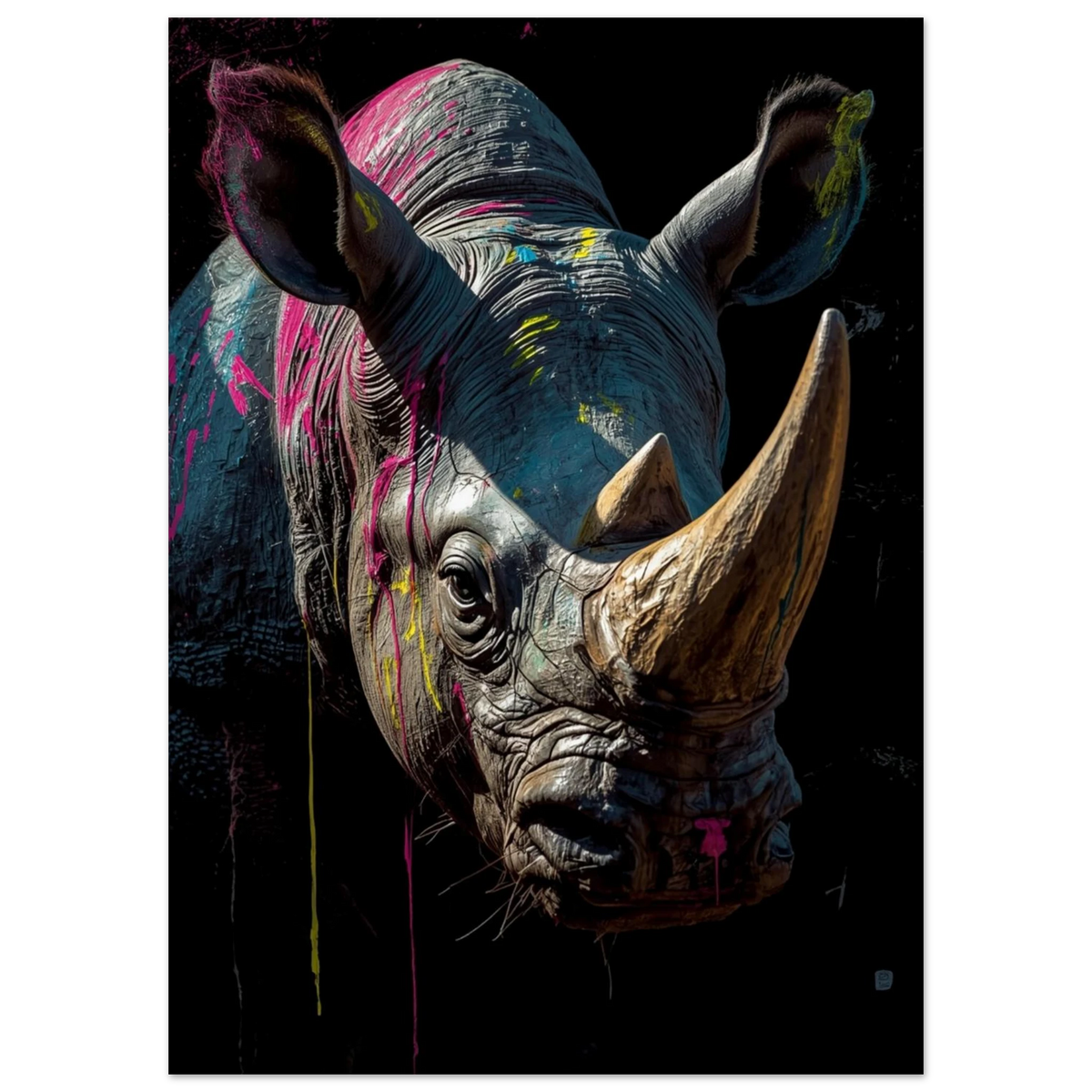 Noshörningens horn i närbild med gula neonstänk – konstnärlig djurtavla