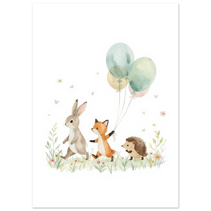 Söt djurposter med skogens vänner som vandrar på en blomsteräng