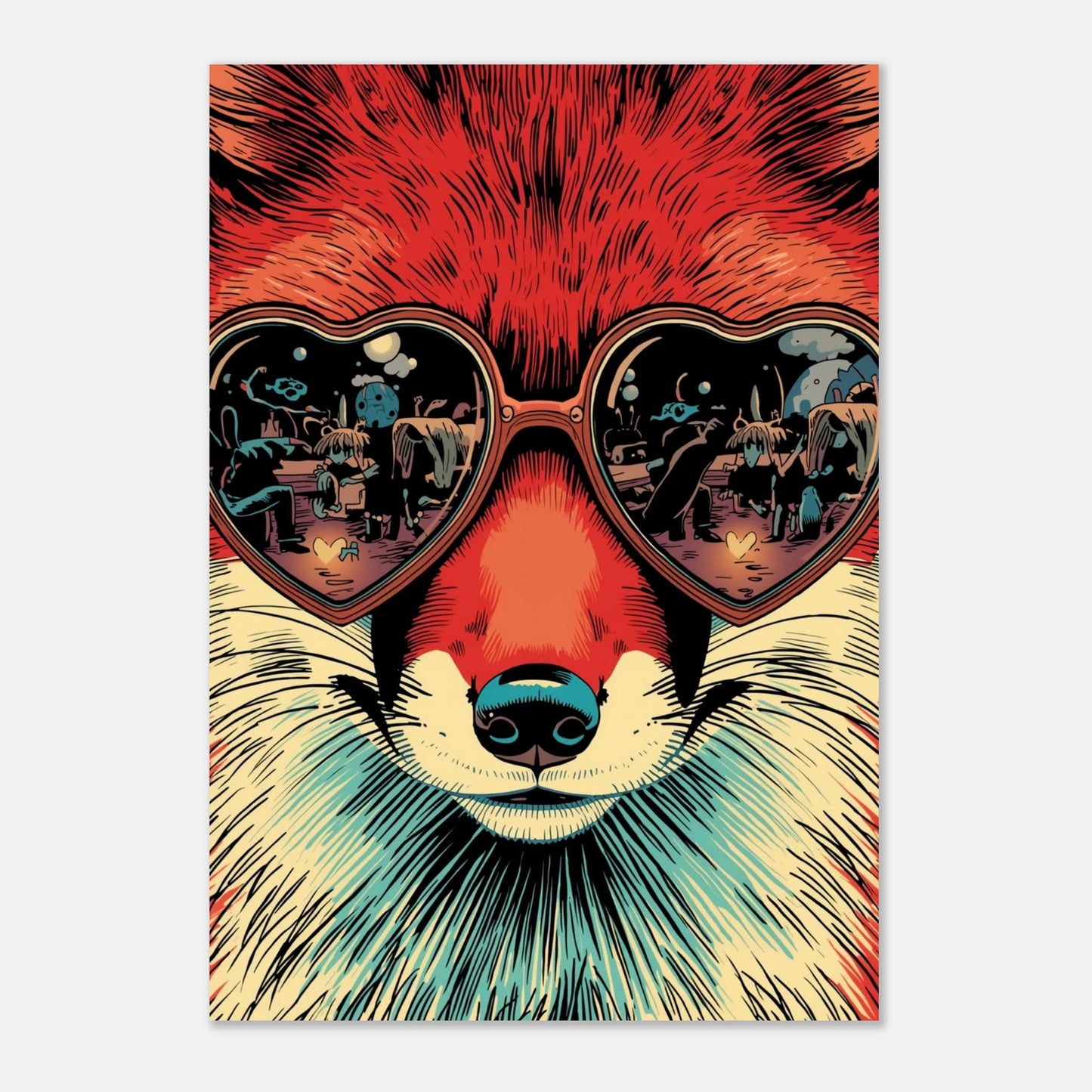 Stiliserad räv med blå nos och hjärtformade solglasögon, modern grafisk print