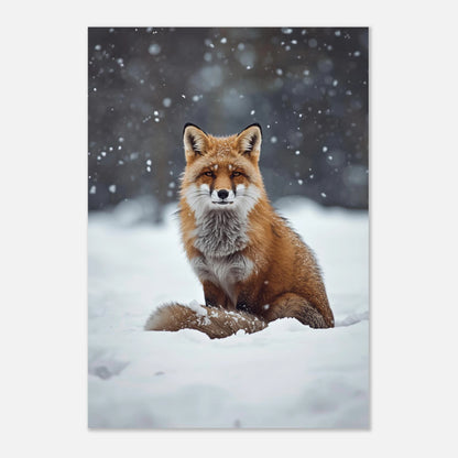 Sittande räv omgiven av mjukt fallande snö i nordisk vildmark – naturposter