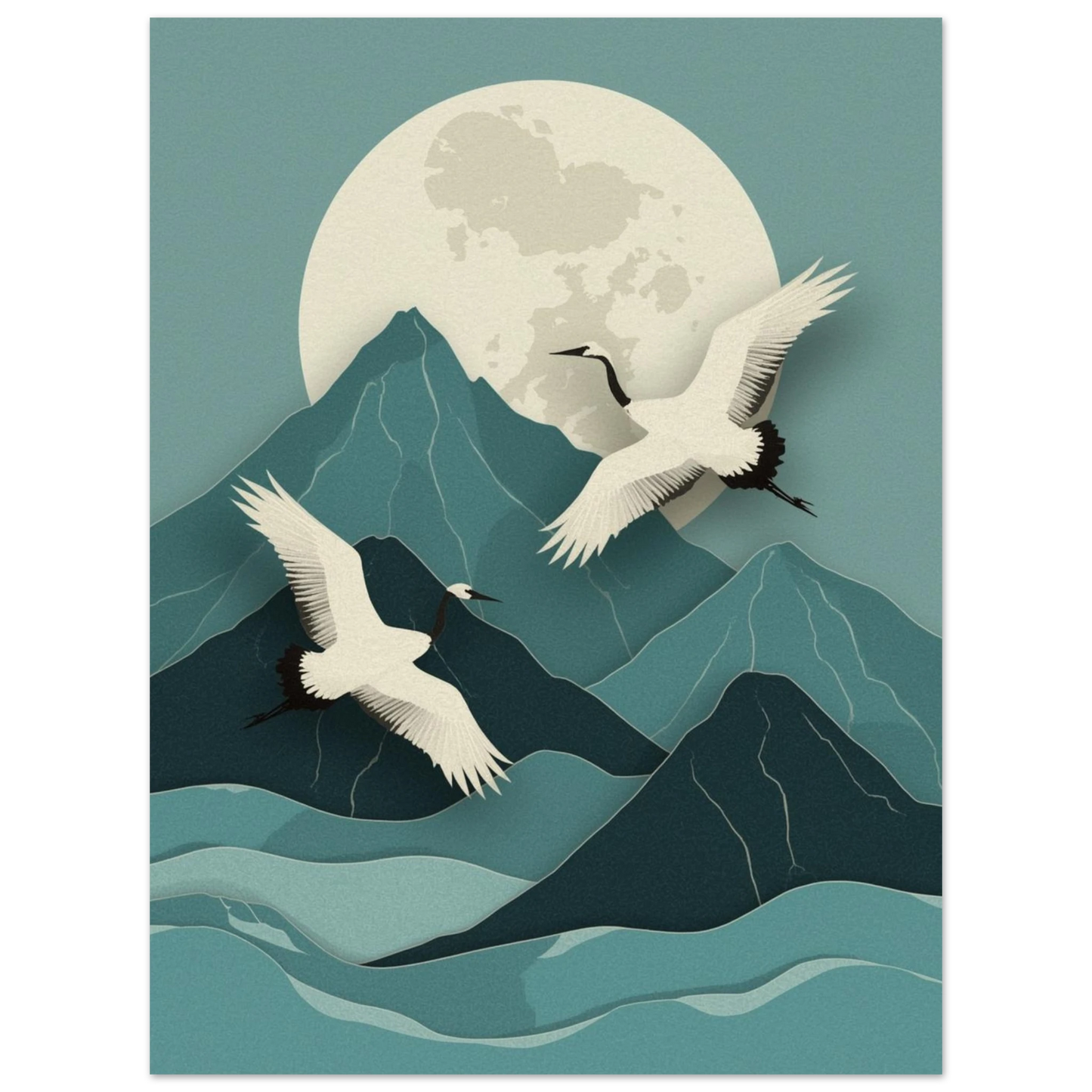 Detaljerad illustration av tranor i flykt över stiliserade berg i japansk paper cut-stil – Tecknad poster