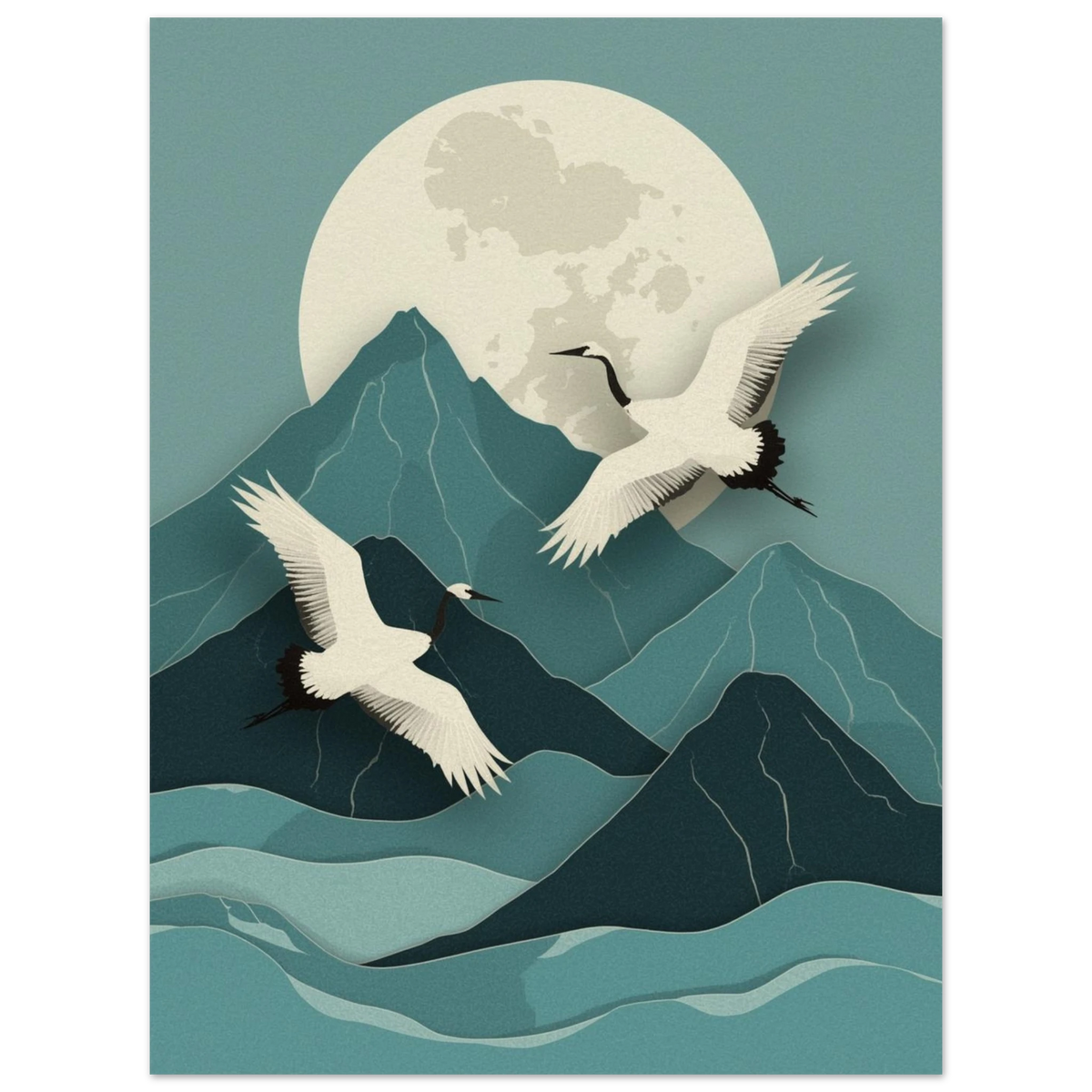 Detaljerad illustration av tranor i flykt över stiliserade berg i japansk paper cut-stil – Tecknad poster