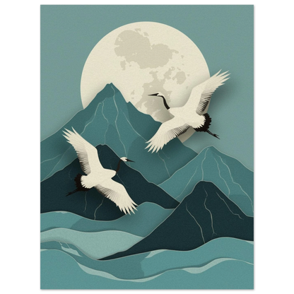 Detaljerad illustration av tranor i flykt över stiliserade berg i japansk paper cut-stil – Tecknad poster