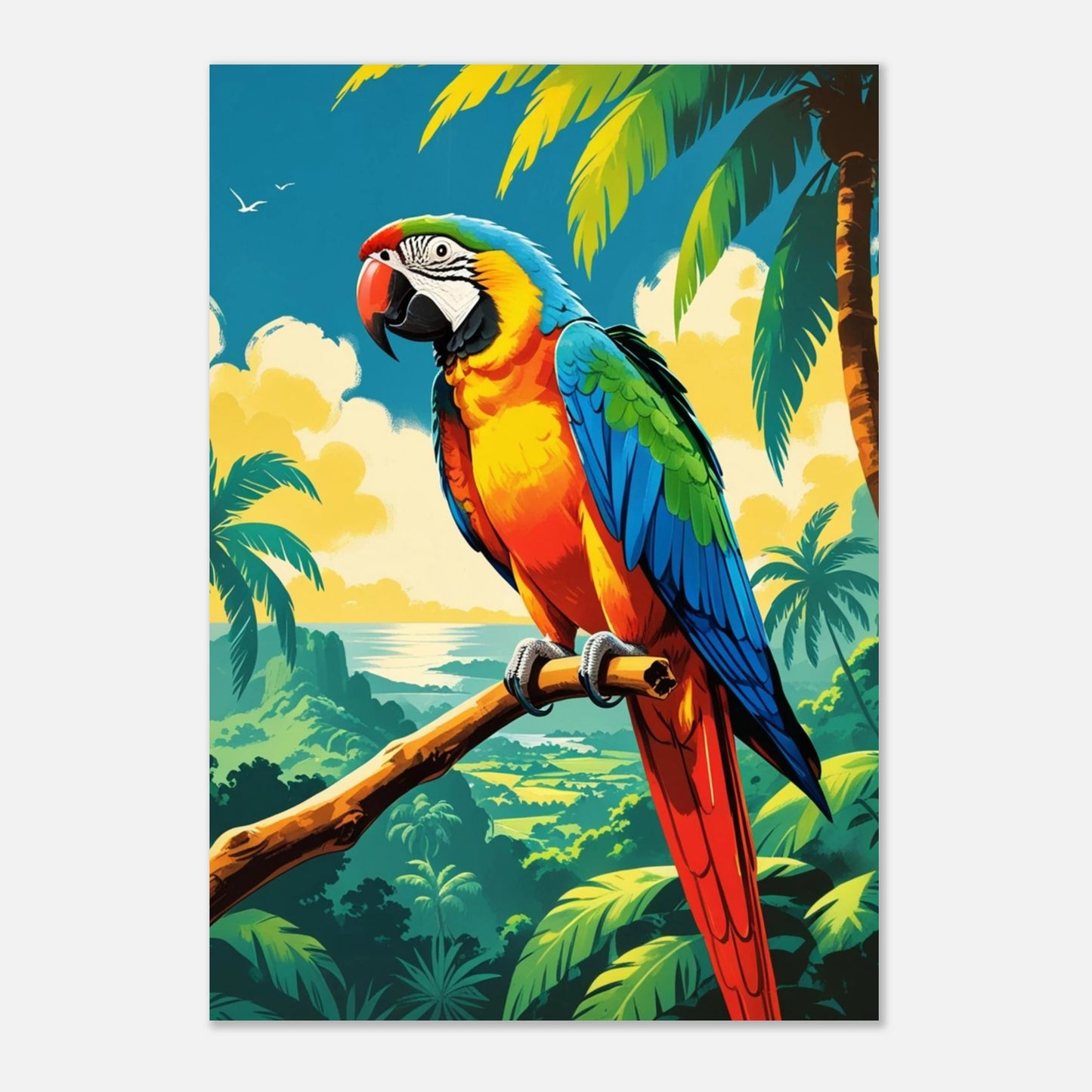 Exotisk fågelposter med en ara omgiven av gröna palmblad och hav