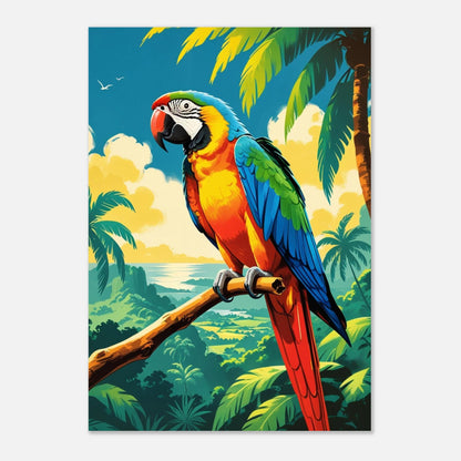 Exotisk fågelposter med en ara omgiven av gröna palmblad och hav