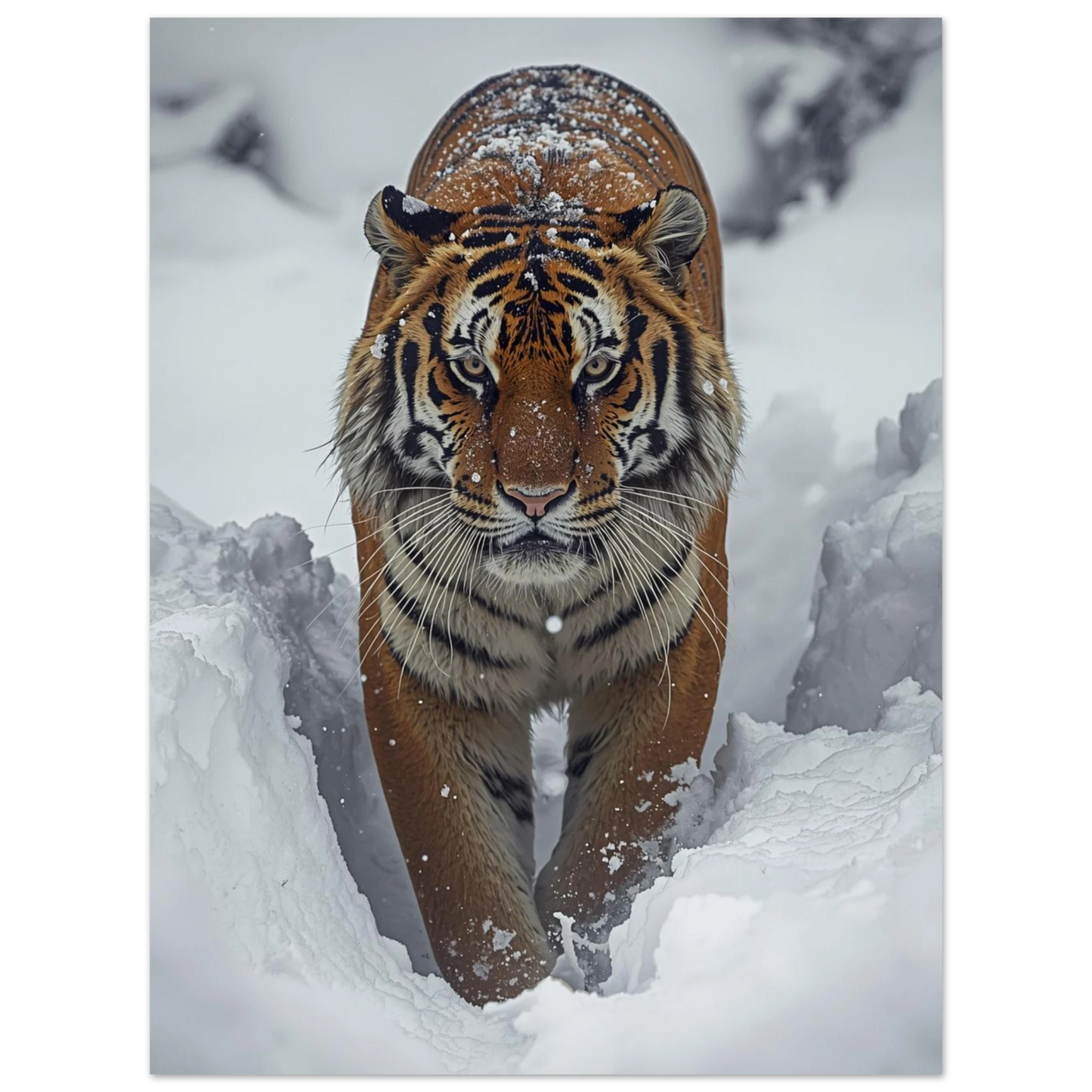Ståtlig tiger i snöstorm med orangea och svarta kontraster – print
