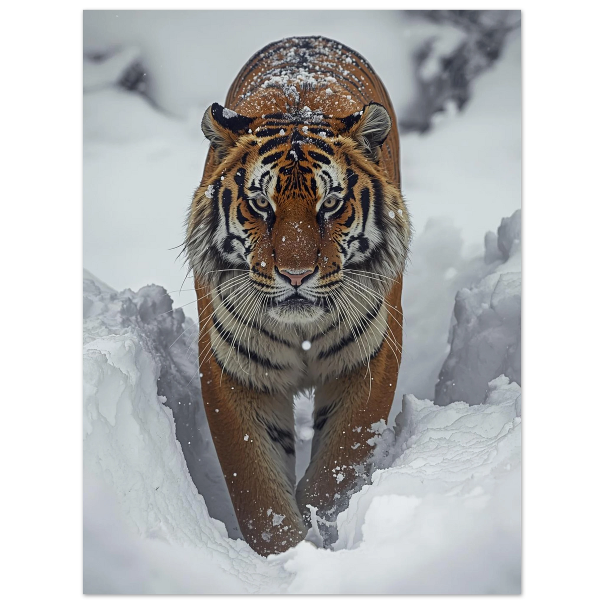 Ståtlig tiger i snöstorm med orangea och svarta kontraster – print