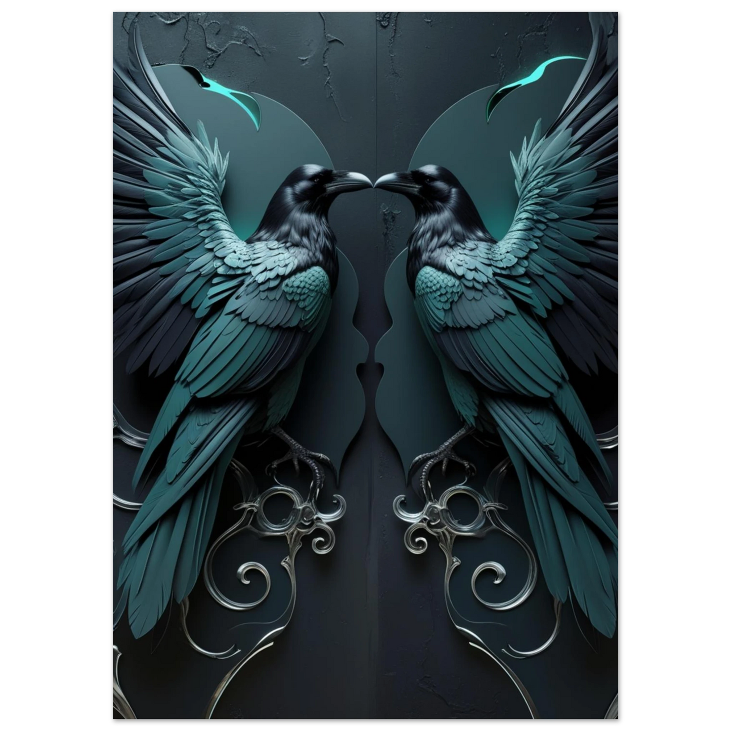 Närbild av korpar i spegelvänd komposition med eleganta silverfärgade ornament nertill