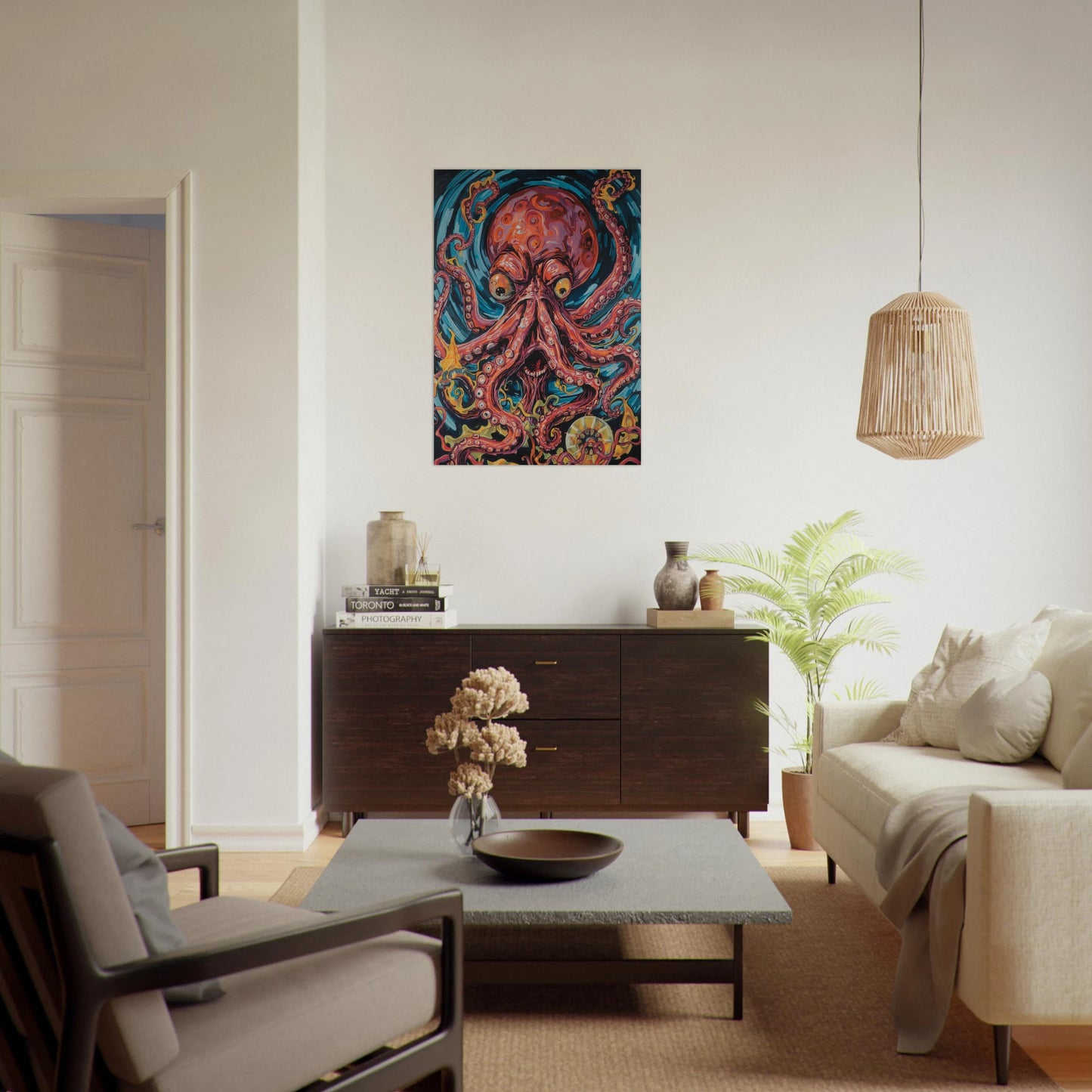 Inramad Kraken Nightmare poster ovanför en mörk skänk i ett ljust vardagsrum