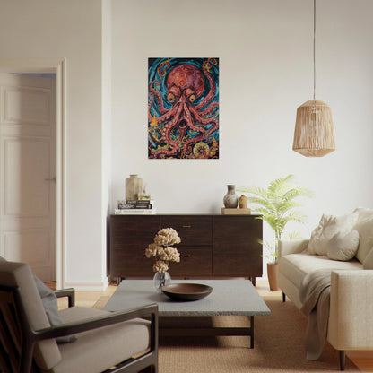 Inramad Kraken Nightmare poster ovanför en mörk skänk i ett ljust vardagsrum