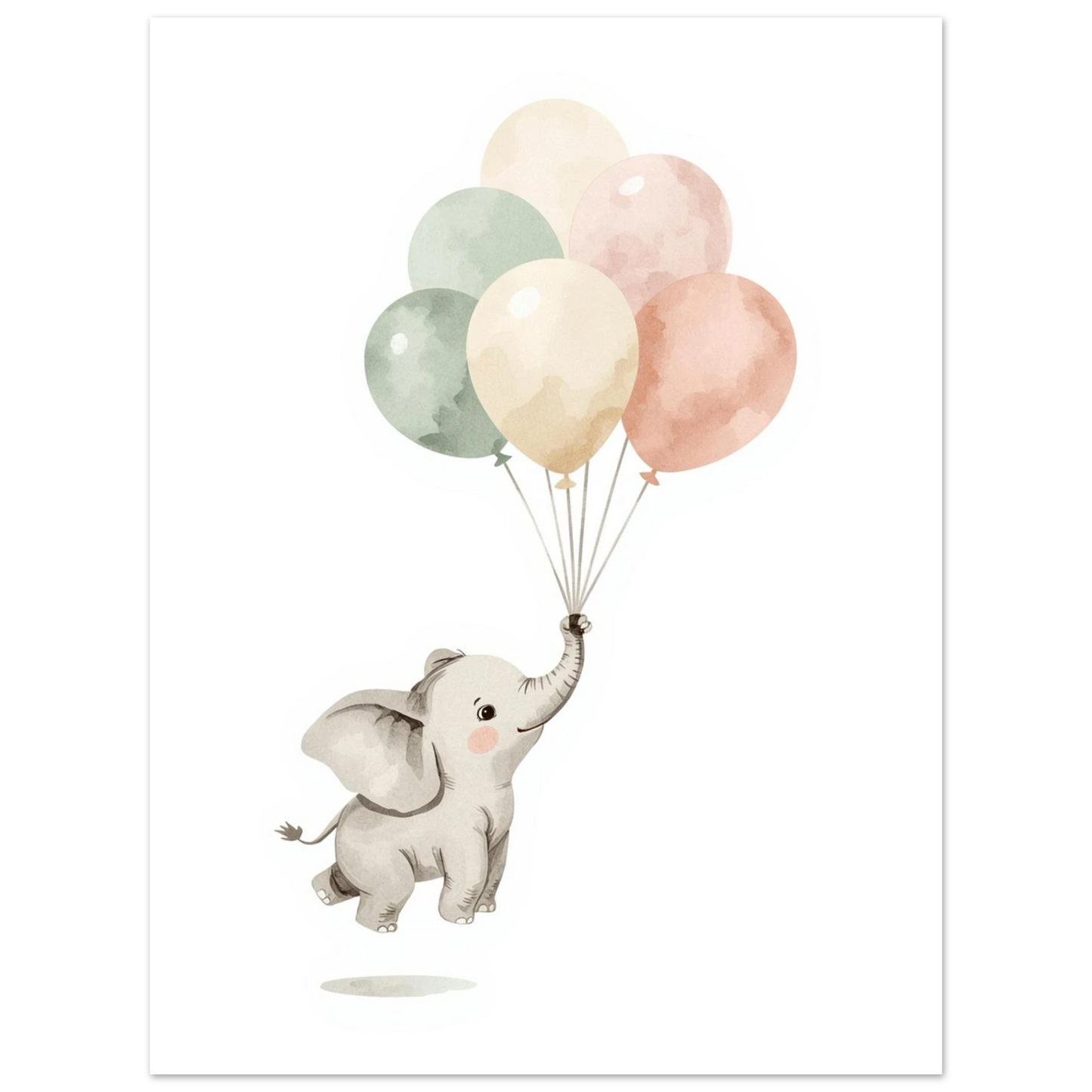 Drömsk akvarellposter med en elefantunge och färgglada ballonger i harmonisk stil