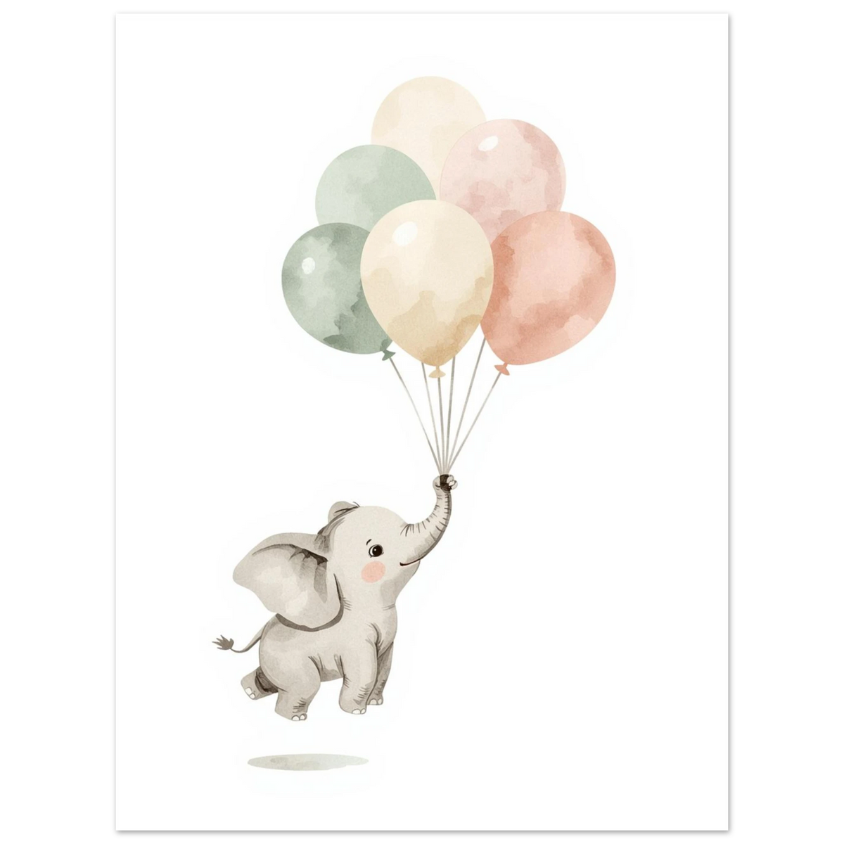 Drömsk akvarellposter med en elefantunge och färgglada ballonger i harmonisk stil