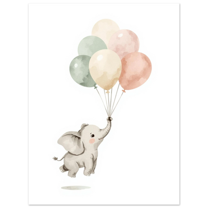 Drömsk akvarellposter med en elefantunge och färgglada ballonger i harmonisk stil