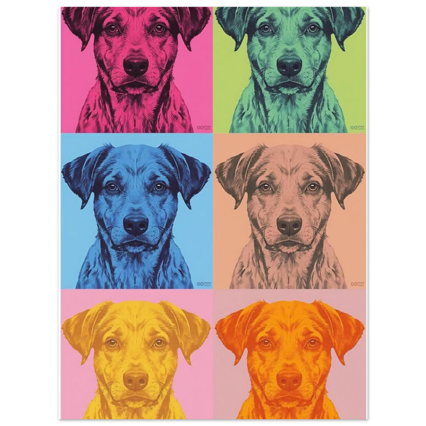 Grafiskt hundmotiv med popkonst-estetik i gult, orange och turkost