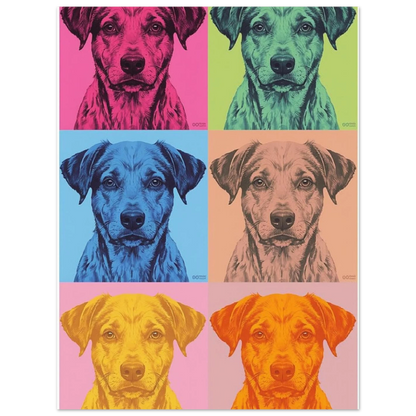 Grafiskt hundmotiv med popkonst-estetik i gult, orange och turkost