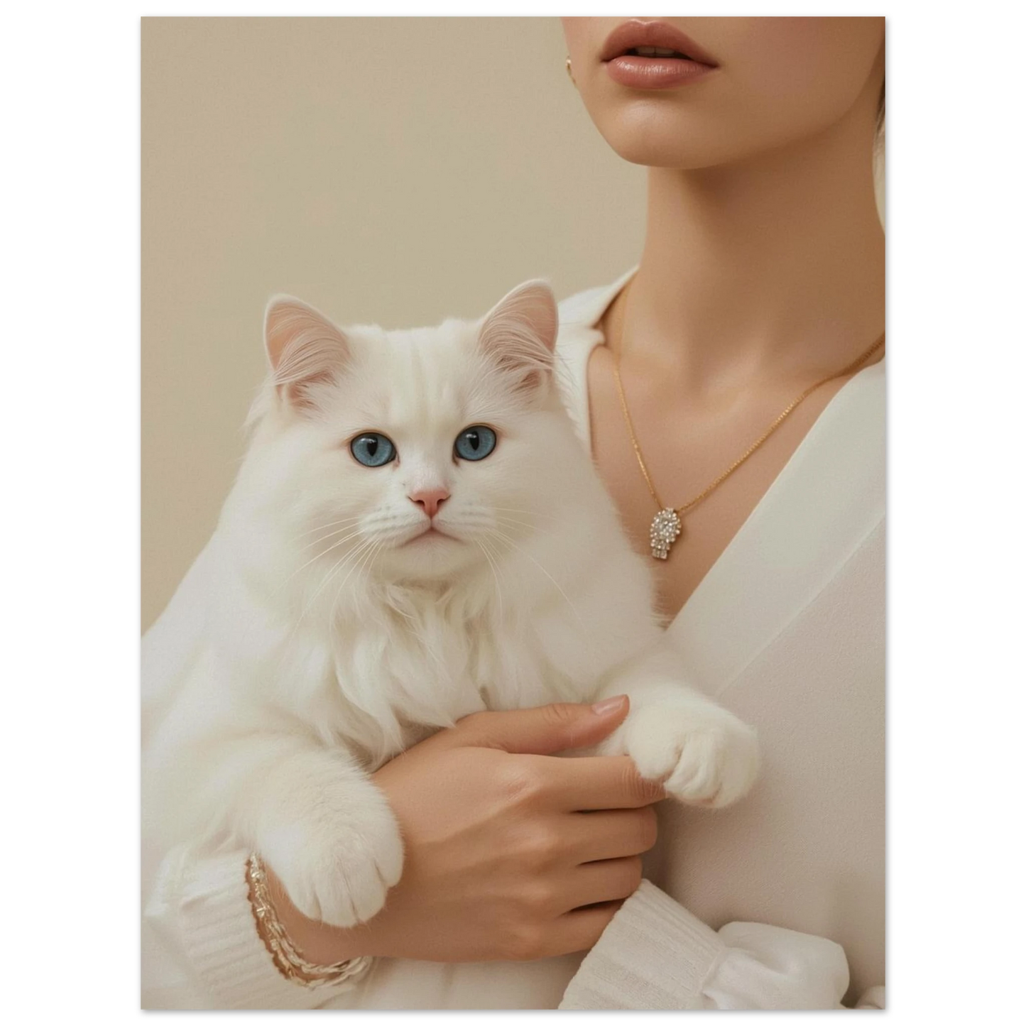 Kvinna som håller en vit katt, beige bakgrund – stilren tavla