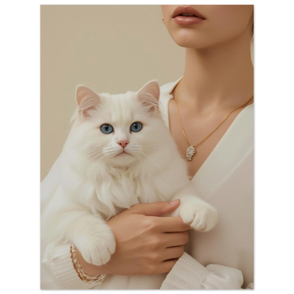 Kvinna som håller en vit katt, beige bakgrund – stilren tavla
